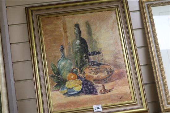 Gilli Still life- a copper kettle, with bottles and fruit 20 x 16in.